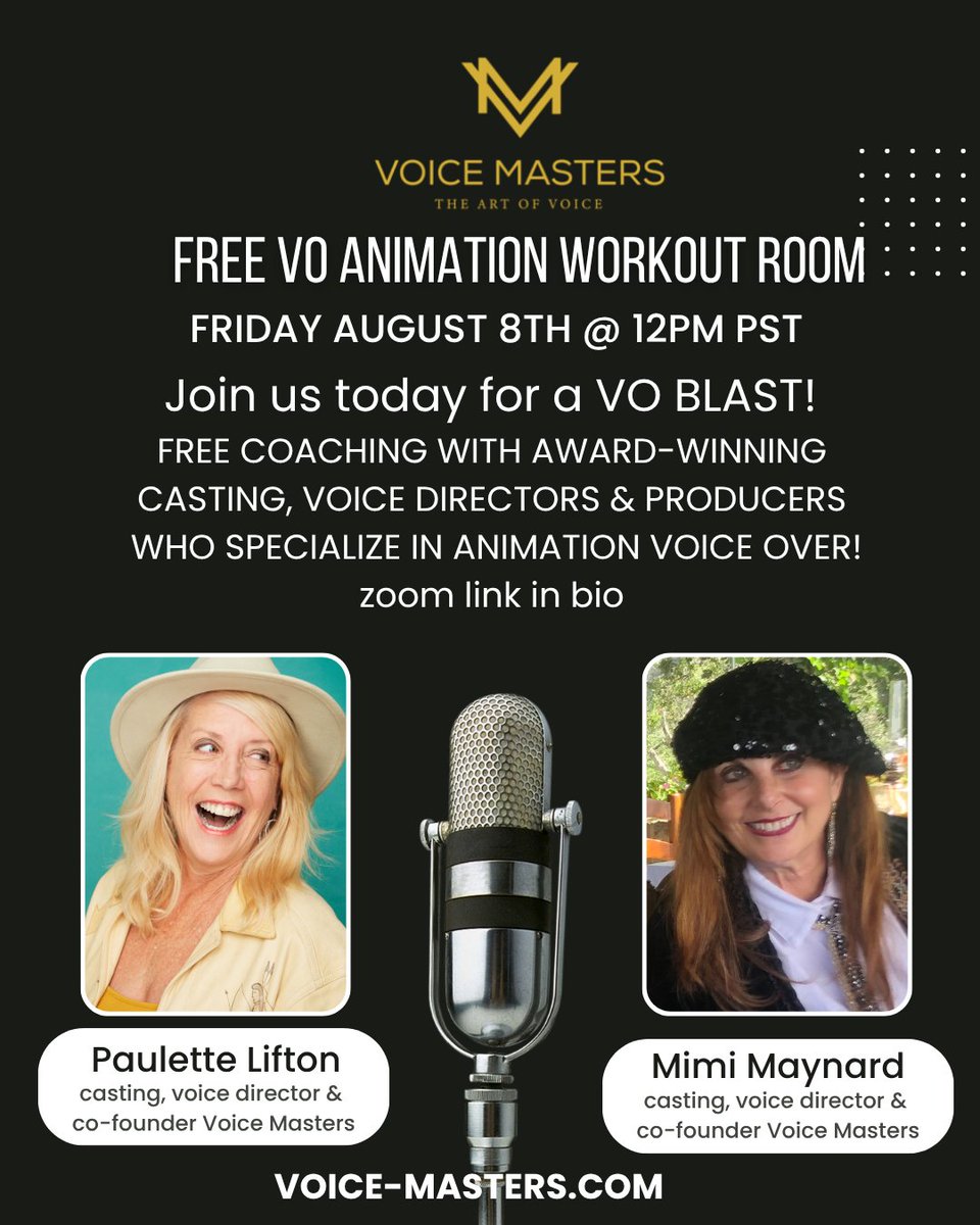 VOMasters's tweet image. Join Mimi Maynard & Paulette Lifton for a special animation workout room — FREE live VO acoaching 🎧✨
🗓️ Friday | ⏰ 12–1pm PST
📍 Zoom | 🎤 First come, first served to perform!
🎭 Copy provided
🖱️ Grab your spot: bit.ly/TALESFROMTHEBO…
#VoiceOver #Animation #VOCoaching