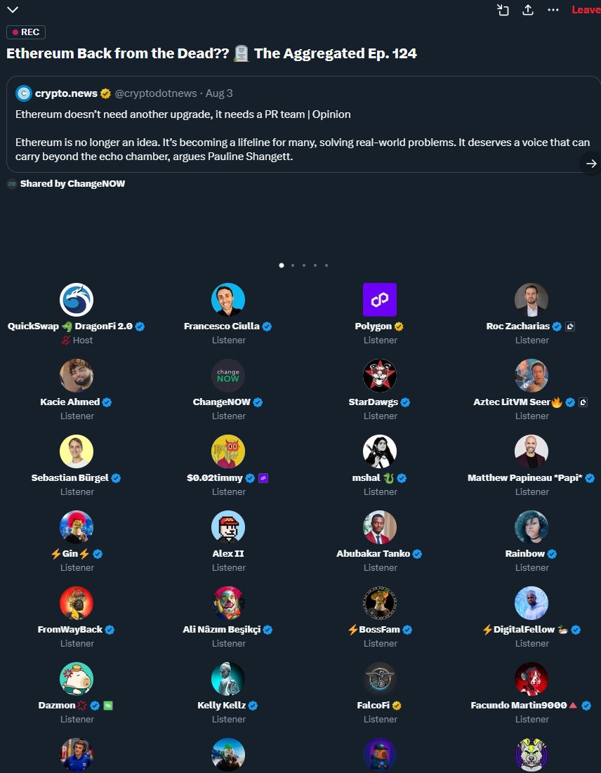Francesco Ciulla (@francescociull4) on Twitter photo Is Ethereum Back? Join this Space
<a href="/QuickswapDEX/">QuickSwap 🐲 DragonFi 2.0</a>
<a href="/0xPolygon/">Polygon</a>
<a href="/CryptoRocky/">Roc Zacharias</a>
<a href="/Haezurath/">Kacie Ahmed</a>
<a href="/ChangeNOW_io/">ChangeNOW</a> 
<a href="/arlery/">mshal 🐉</a>
<a href="/StarDawgs/">StarDawgs</a>
<a href="/circle_crypto/">Aztec LitVM Seer🔥</a>
<a href="/SCBuergel/">Sebastian Bürgel</a>
<a href="/0x002timmy/">$0.02timmy</a>
<a href="/PapiKnow101/">Matthew Papineau *Papi*</a>
<a href="/maigadohcrypto/">Abubakar Tanko</a> Is Ethereum Back? Join this Space
<a href="/QuickswapDEX/">QuickSwap 🐲 DragonFi 2.0</a>
<a href="/0xPolygon/">Polygon</a>
<a href="/CryptoRocky/">Roc Zacharias</a>
<a href="/Haezurath/">Kacie Ahmed</a>
<a href="/ChangeNOW_io/">ChangeNOW</a> 
<a href="/arlery/">mshal 🐉</a>
<a href="/StarDawgs/">StarDawgs</a>
<a href="/circle_crypto/">Aztec LitVM Seer🔥</a>
<a href="/SCBuergel/">Sebastian Bürgel</a>
<a href="/0x002timmy/">$0.02timmy</a>
<a href="/PapiKnow101/">Matthew Papineau *Papi*</a>
<a href="/maigadohcrypto/">Abubakar Tanko</a>