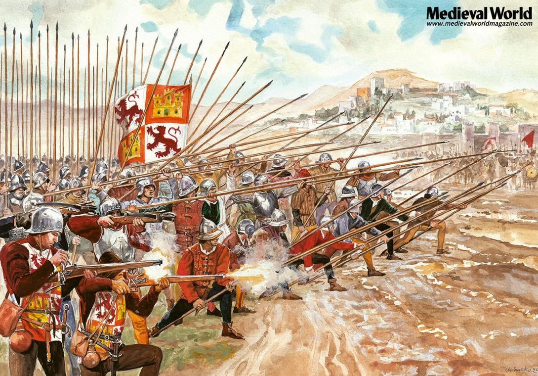 فترة التحول العسكري بين القرون الوسطى وعصر البارود شهدت مزيج بين الرمح والبندقية، لسببين اساسيين.
١. بطء تعبئة البندقية.
٢. الوزن الثقيل للبندقية.
لذلك الرماح والمشاة كانت تستخدم للحماية من هجمات الفرسان والعدو بين التعبئة والاطلاق.