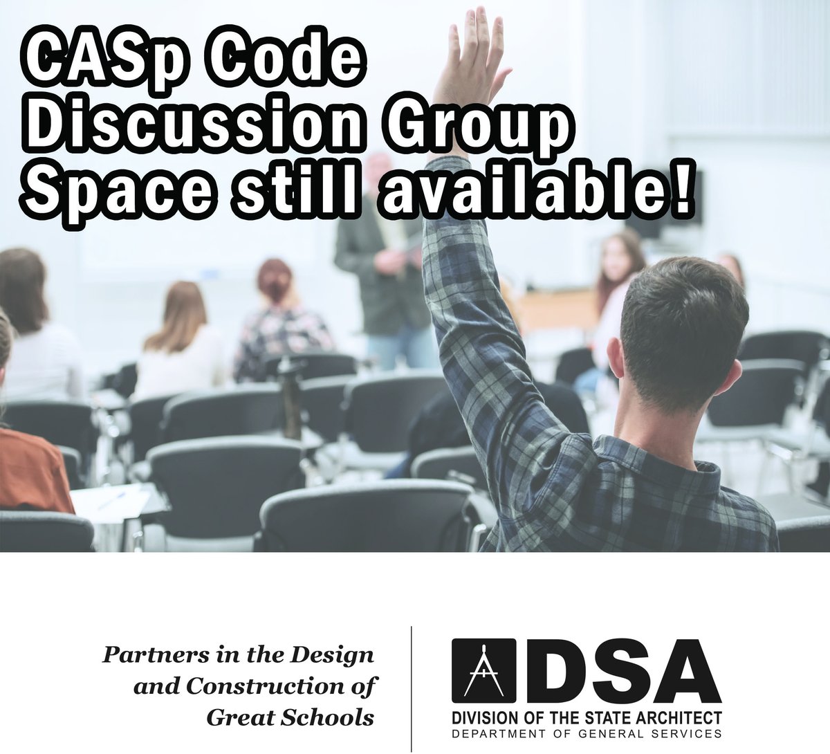 Space still available! Join the CASp Code Discussion Group (CCDG) to discuss Review of the CASp Handbook. Register closes on August 14 at 11:30 am. Visit the CCDG webpage here for more information: tinyurl.com/5n7vtw5u