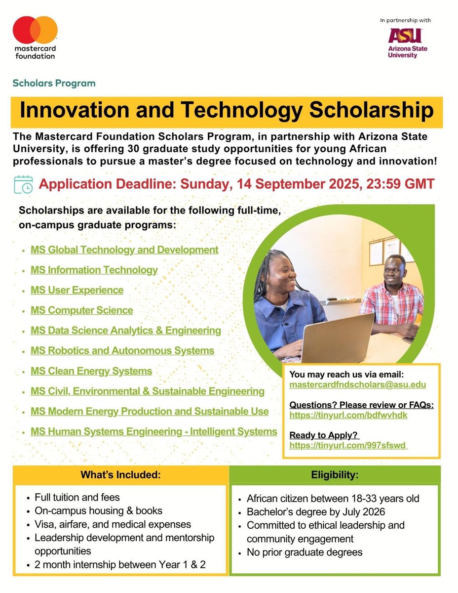 opportunitiesfy's tweet image. 🌍 Fully funded master’s scholarships for African youth at ASU via Mastercard Foundation—apply by 14 Sept 2025! 🔗 wp.me/p23f03-bfQ 

#ScholarshipsForAfricans #StudyAbroad #MastercardFoundation
