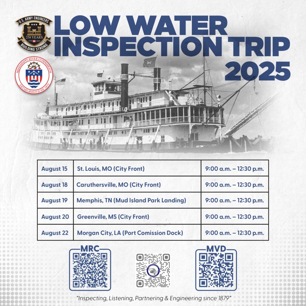 ICYMI: The Mississippi River Commission will hold a public meeting in St. Louis on Aug. 15 at 9 a.m. aboard the M/V MISSISSIPPI. Hear from Corps leaders and share your input on river issues. RSVP by Aug. 8. Written testimony due Aug. 22.