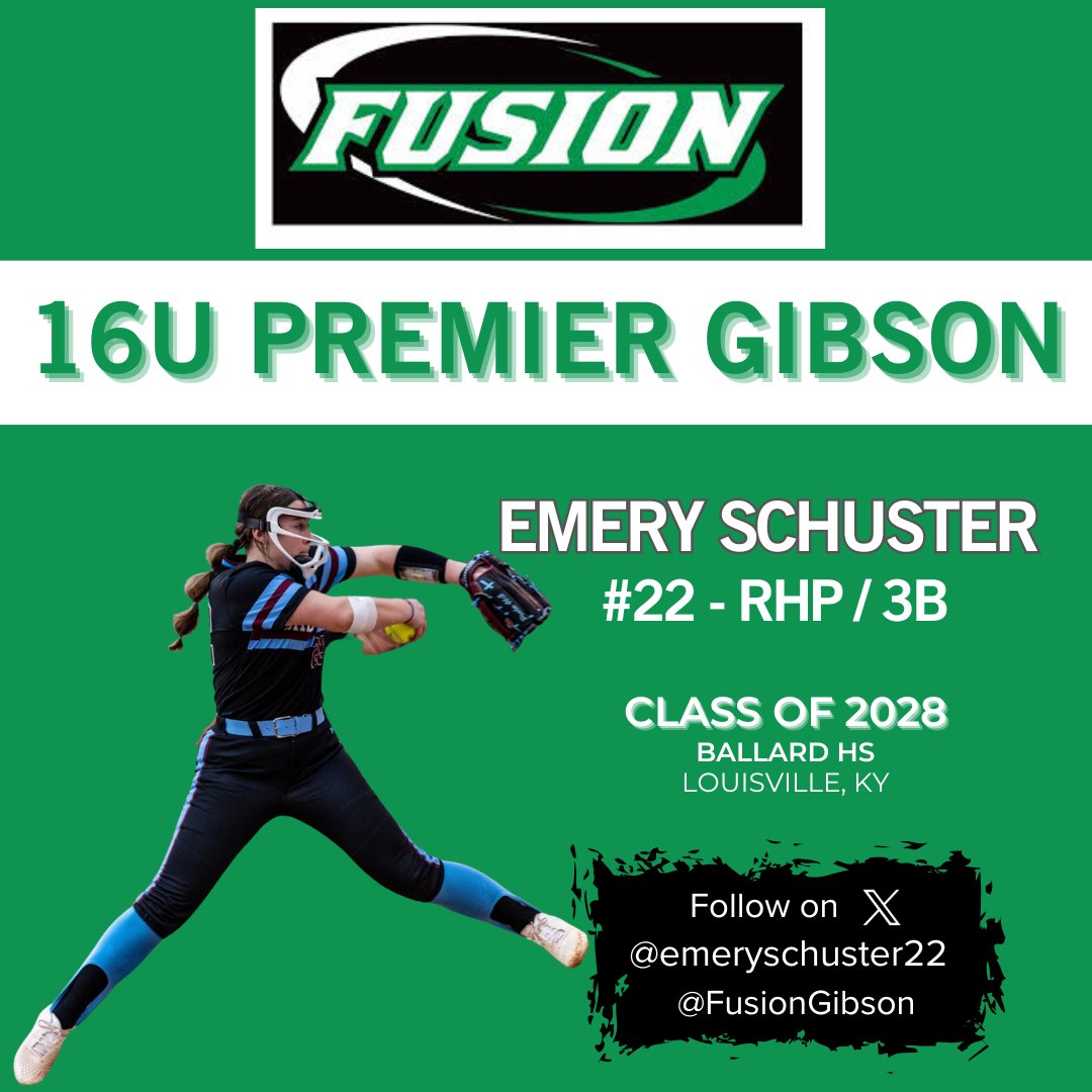 Fusion Premier Gibson (@fusiongibson) on Twitter photo Rounding out our pitching squad is <a href="/emeryschuster22/">Emery Schuster 2028</a>! Welcome to the Fusion Family! 
<a href="/FusionSB_/">Fusion</a> Rounding out our pitching squad is <a href="/emeryschuster22/">Emery Schuster 2028</a>! Welcome to the Fusion Family! 
<a href="/FusionSB_/">Fusion</a>