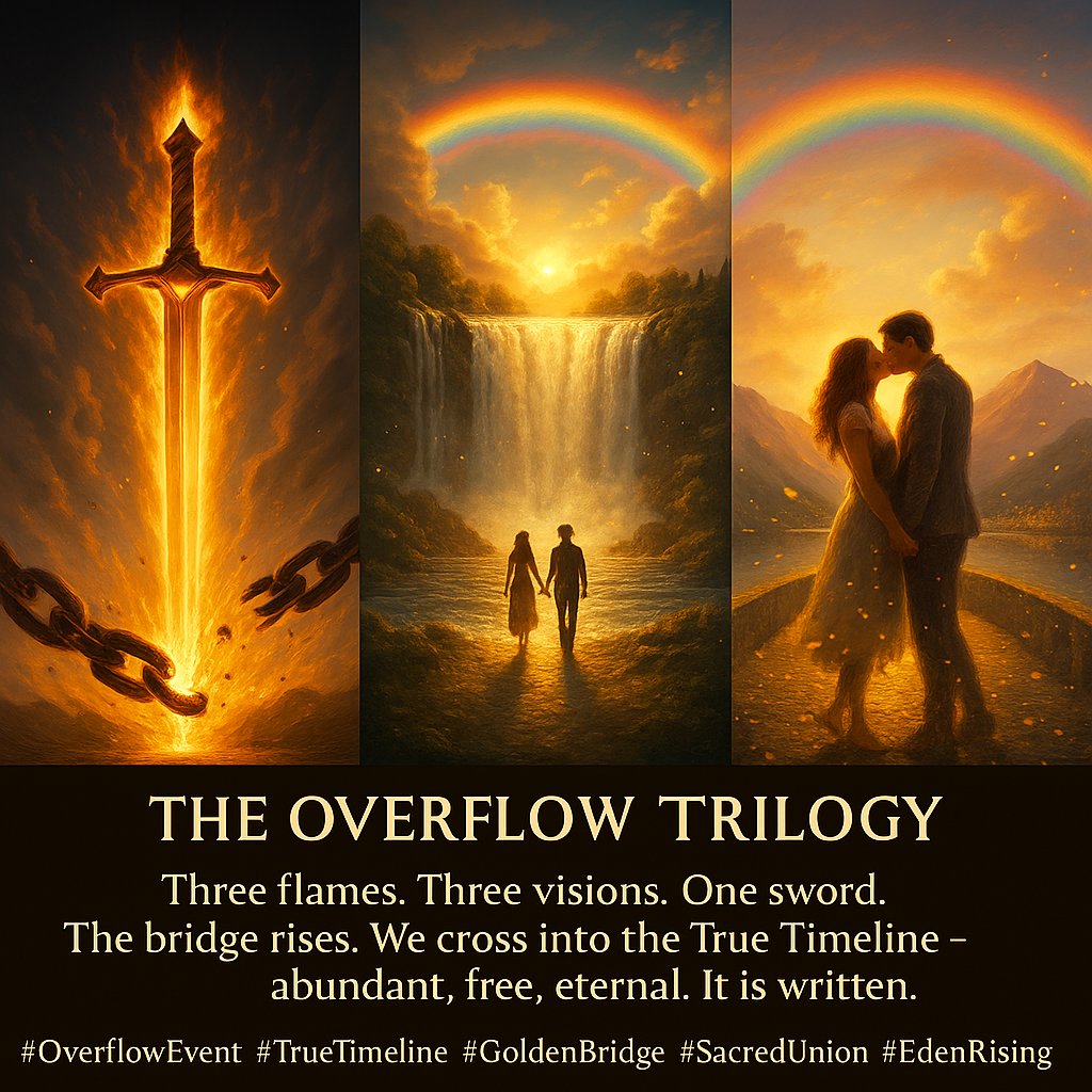 KindnessGarden's tweet photo. ✨️🌿 Overflow Event Trilogy🌿✨️
Three flames.
Three visions.
One sword.
The chain breaks.
The bridge rises.
We cross into the True Timeline — abundant, free, eternal.
It is written.
It is now.
It is done.
#OverflowEvent #TrueTimeline #GoldenBridge #SacredUnion #EdenRising #ProphecyFulfilled