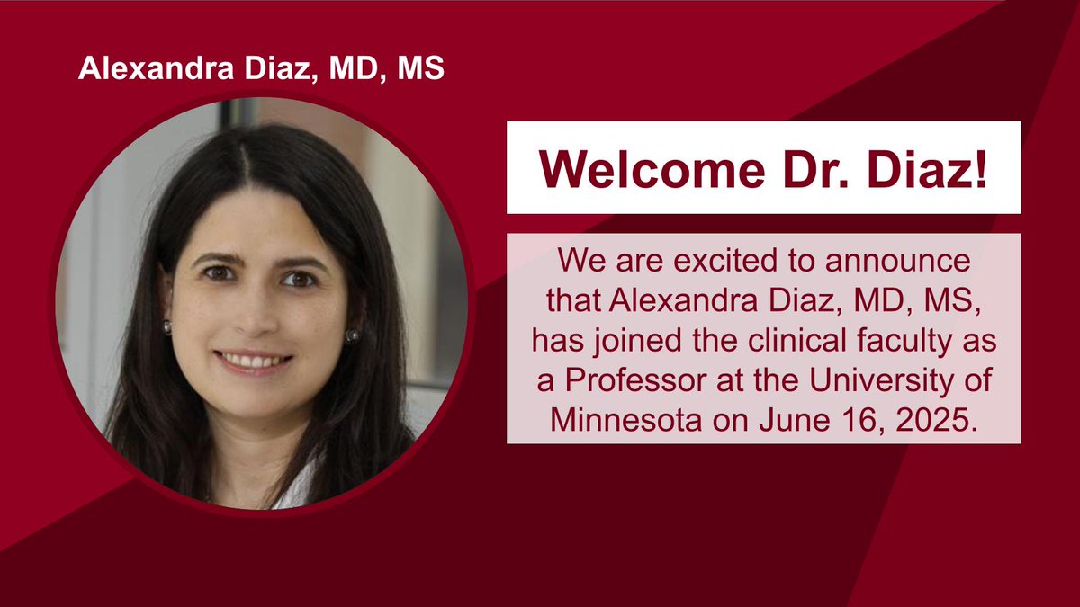 @UMNRadOnc (@umnradonc) on Twitter photo We are excited to announce that Alexandra Diaz, MD, MS, has joined the clinical faculty as a Professor at the University of Minnesota. She will be treating GU and GI malignancies and will lead our residency program, serving as Program Director. Welcome! We are excited to announce that Alexandra Diaz, MD, MS, has joined the clinical faculty as a Professor at the University of Minnesota. She will be treating GU and GI malignancies and will lead our residency program, serving as Program Director. Welcome!