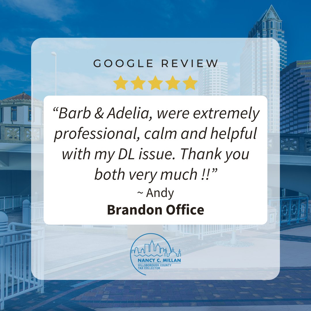 ⭐️⭐️⭐️⭐️⭐️Feedback Friday⭐️⭐️⭐️⭐️⭐
Thanks Andy! Barb &amp; Adelia's professional service shows #TeamHCTC quality daily.
Driver license renewals, REAL ID, replacements &amp; address changes available. Schedule appointments or use MyDMV Portal online.
hillstaxfl.gov