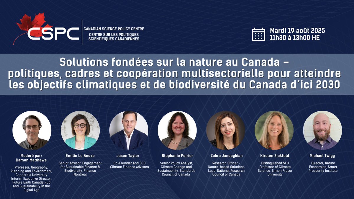 Quelles sont les voies économiques qui peuvent soutenir des solutions fondées sur la nature (SfN) équitables, dirigés par les Autochtones et évolutifs partout au Canada ?

Joignez-vous à nous le 19 août pour une table ronde sur l’avenir des SfN au Canada : sciencepolicy.ca/fr/event/natur…