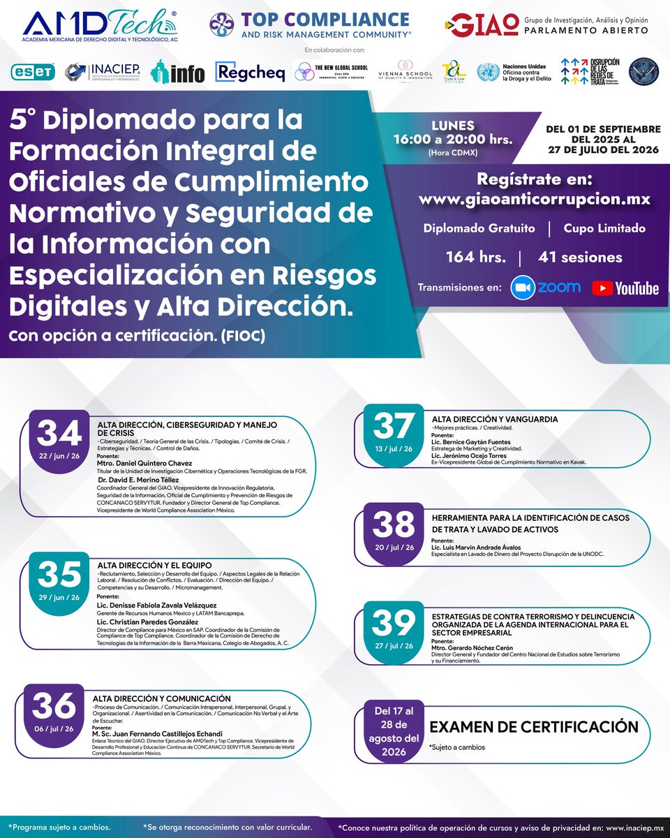 🚨¡Inscripciones abiertas!
Llega el 5to. Diplomado Gratuito para la Formación Integral de Oficiales de Cumplimiento Normativo y Seguridad de la Información, con Especialización en Riesgos Digitales y Alta Dirección.

Inscríbete: giaoanticorrupcion.mx/eventos/#event…