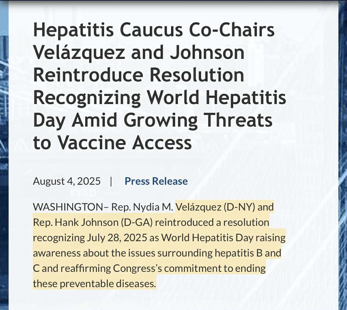 Find the World Hepatitis Day Resolution press release from Rep. Velaquez and Rep Johnson's offices by following the link below: velazquez.house.gov/media-center/p…
#WHD, #WorldHepatitisDay, #WorldHepatitisDay2025
<a href="/NydiaVelazquez/">Rep. Nydia Velazquez</a>
<a href="/RepHankJohnson/">Rep. Hank Johnson</a>