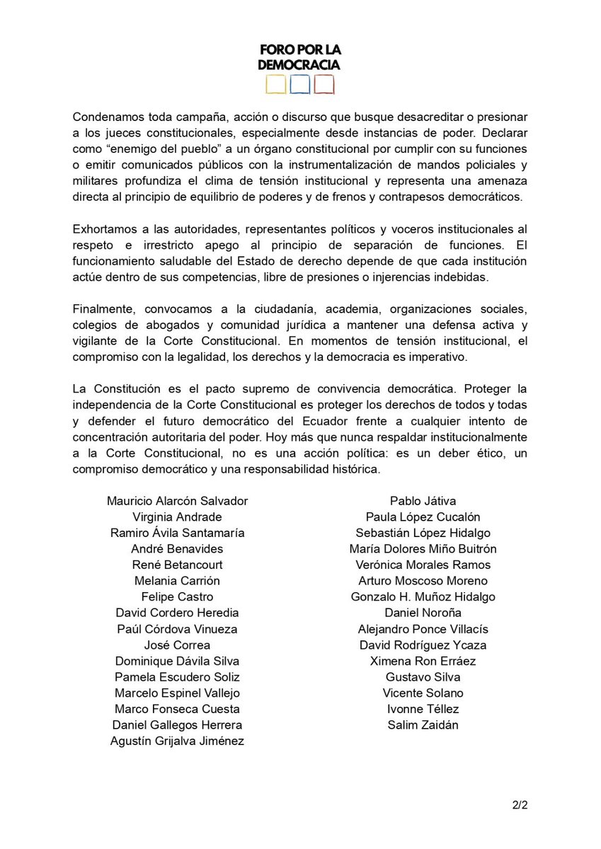 Los colegas que integramos el #ForoPorLaDemocracia, expresamos nuestra preocupación frente al embate contra la <a href="/CorteConstEcu/">Corte Constitucional</a>.