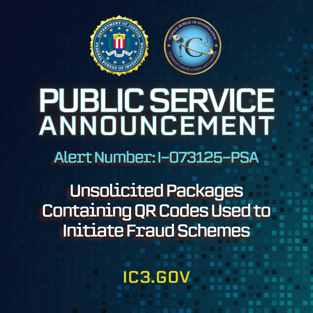 The FBI is warning the public about a scam variation in which criminals send unsolicited packages containing a QR code that prompts the recipient to provide personal and financial information or unwittingly download malicious software that steals data from their phone.