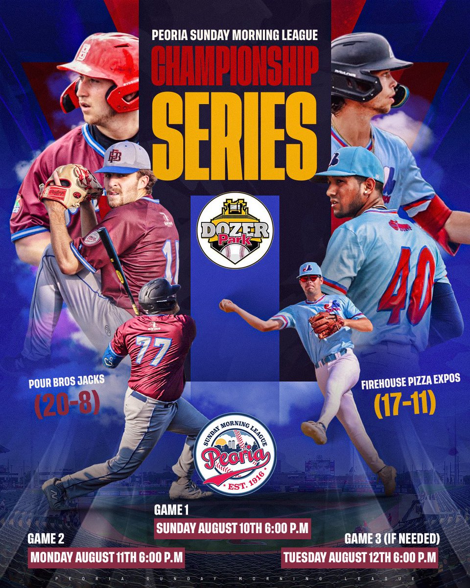 The Stage is Set!

The 2025 Peoria Sunday Morning League Championship Series heads to Dozer Park!

🔥 Pour Bros. Jacks vs. Firehouse Pizza Expos 🔥

Two of the league’s best square off for the Thome Trophy in a best-of-three showdown.

Game 1: Sunday, August 10 – 6:00 P.M.
Game