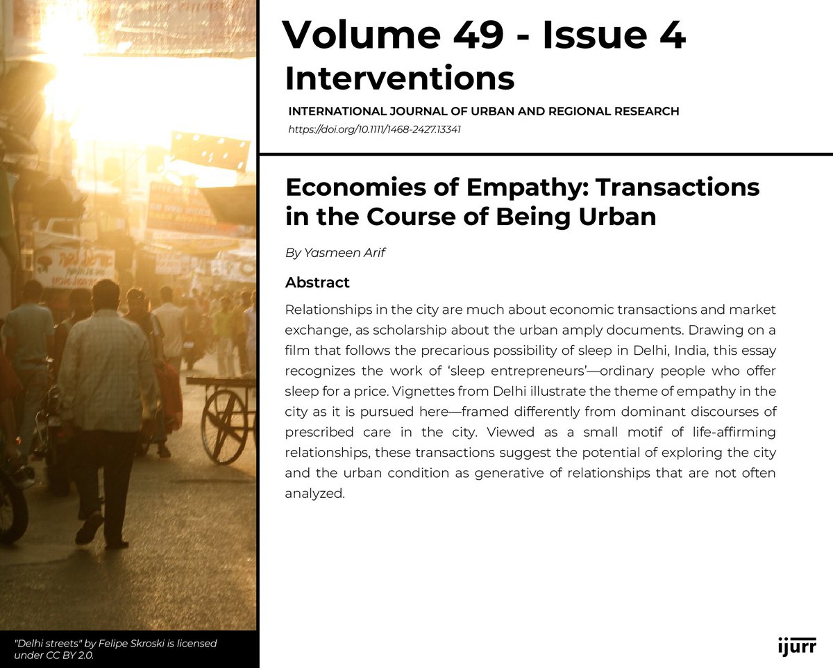 Interventions | Economies of Empathy: Transactions in the Course of Being Urban

By Yasmeen Arif

👉 ijurr.org/article/econom…