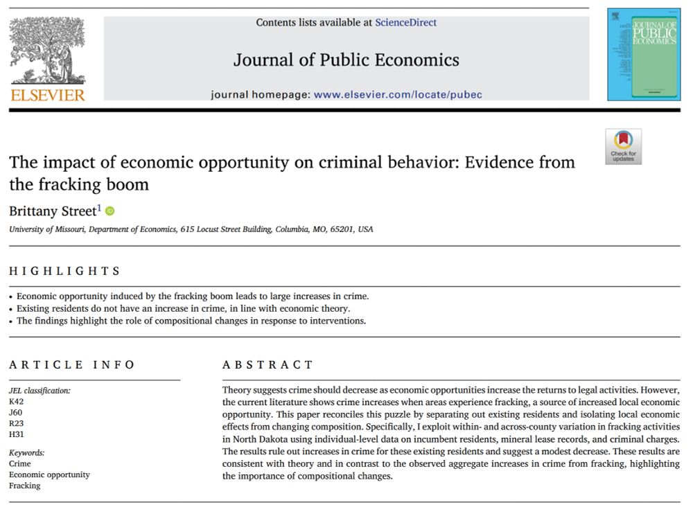 Journal of Public Economics (@jpubecon) on Twitter photo Just published in <a href="/JPubEcon/">Journal of Public Economics</a>:
"The impact of economic opportunity on criminal behavior: Evidence from the fracking boom"
By <a href="/brittanyrstreet/">Brittany Street</a>
sciencedirect.com/science/articl…
#econtwitter #publiceconomics #frackinggas Just published in <a href="/JPubEcon/">Journal of Public Economics</a>:
"The impact of economic opportunity on criminal behavior: Evidence from the fracking boom"
By <a href="/brittanyrstreet/">Brittany Street</a>
sciencedirect.com/science/articl…
#econtwitter #publiceconomics #frackinggas