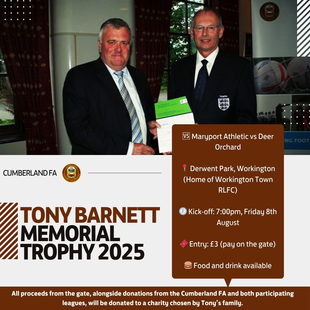 CumberlandFA's tweet image. Join us TONIGHT at Derwent Park for the annual 𝗧𝗼𝗻𝘆 𝗕𝗮𝗿𝗻𝗲𝘁𝘁 𝗠𝗲𝗺𝗼𝗿𝗶𝗮𝗹 𝗧𝗿𝗼𝗽𝗵𝘆 - a fitting tribute match to honour the memory of one of #CumberlandFootball’s most dedicated figures ✨ 

More ⬇️ 

bit.ly/45E0rbk