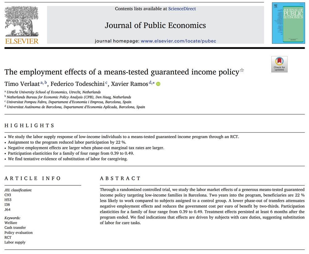 Journal of Public Economics (@jpubecon) on Twitter photo Just published in <a href="/JPubEcon/">Journal of Public Economics</a>:
"The employment effects of a means-tested guaranteed income policy"
By Timo Verlaat, Federico Todeschini, & Xavier Ramos
sciencedirect.com/science/articl…
#econtwitter #publiceconomics Just published in <a href="/JPubEcon/">Journal of Public Economics</a>:
"The employment effects of a means-tested guaranteed income policy"
By Timo Verlaat, Federico Todeschini, & Xavier Ramos
sciencedirect.com/science/articl…
#econtwitter #publiceconomics