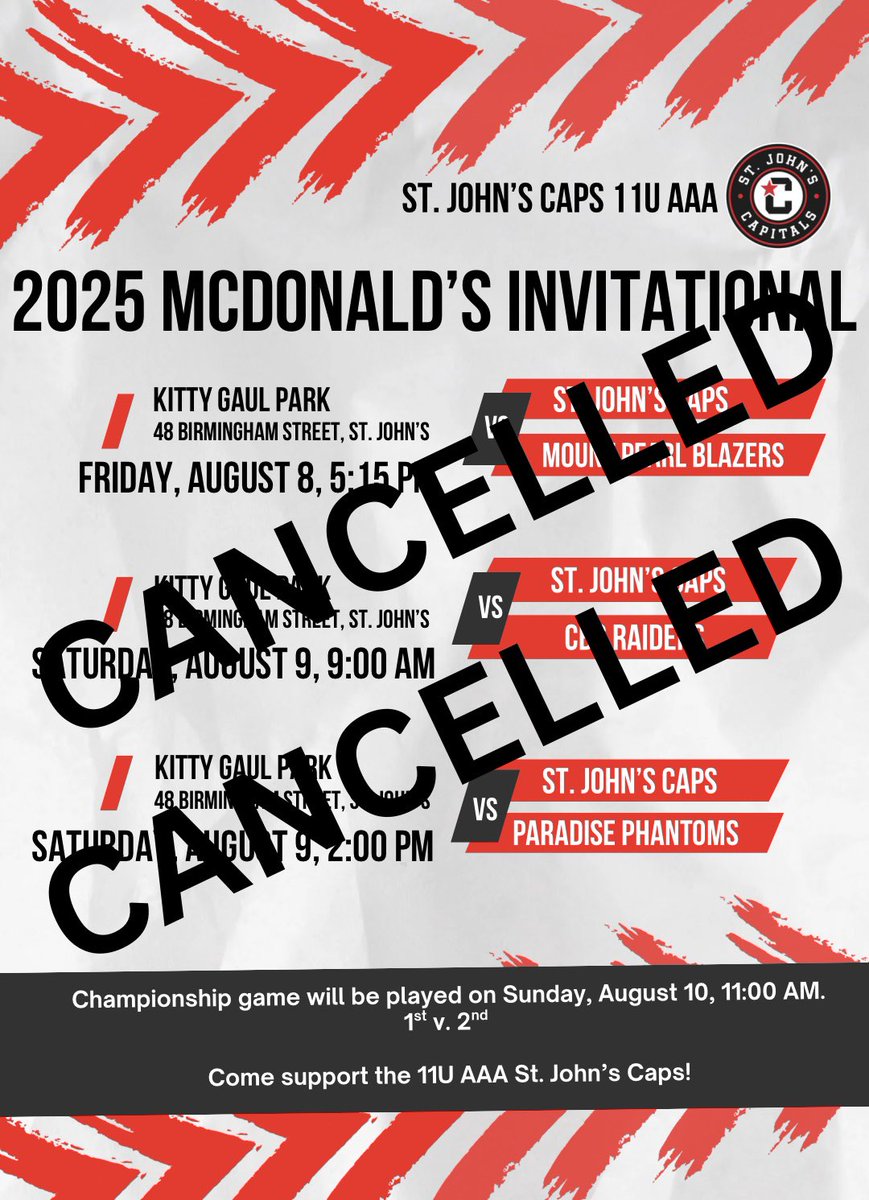 Please note that due to extremely poor Air Quality in Metro area (likely lasting all weekend), the 2025 McDonald’s Tournament is CANCELLED!! Stay safe, everyone!

<a href="/baseballstjohns/">Baseball St. John's</a>