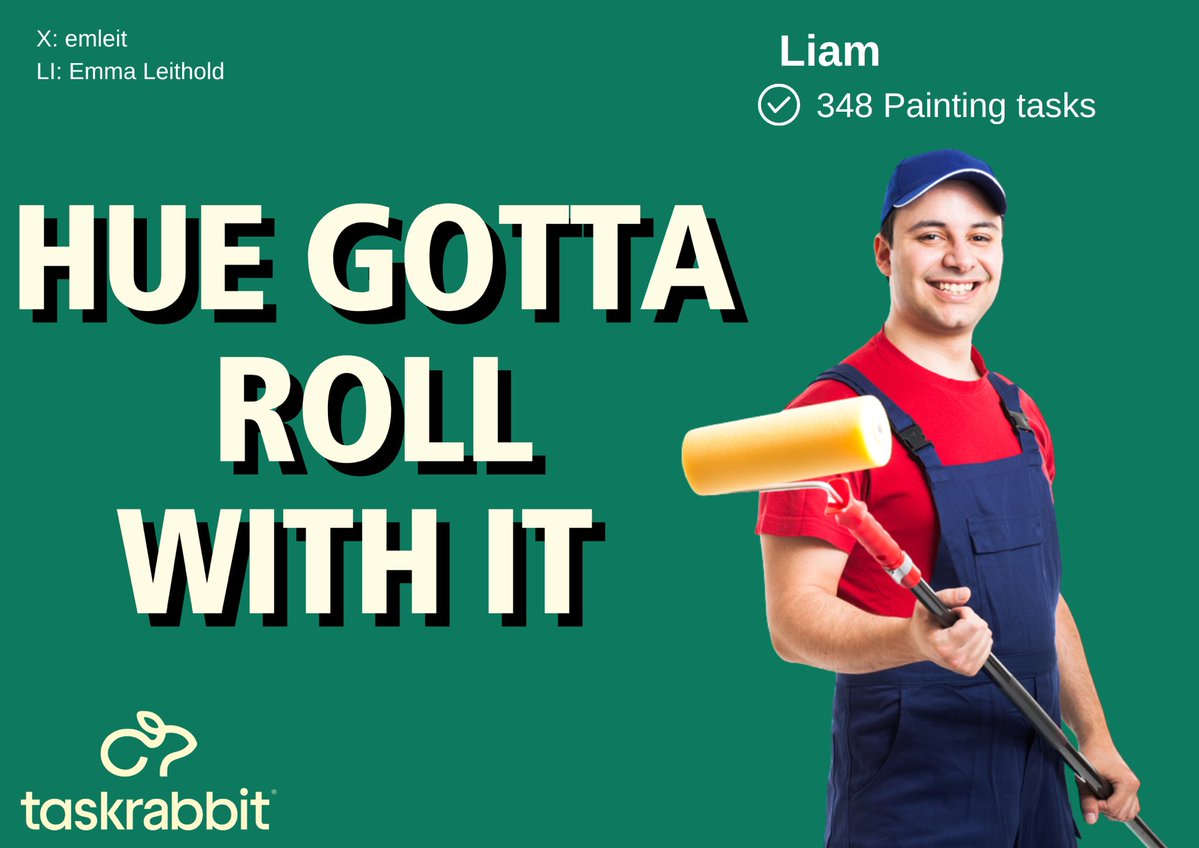 Emma Leeming Writes 💙 (@emleemingwrites) on Twitter photo One Minute Brief of the Day:
Create posters that bring to life famous song lyrics to promote the 'Moving/Painting/Cleaning/Mounting/Home Improvement' categories available on the <a href="/Taskrabbit/">Taskrabbit</a> platform. #TaskTunes <a href="/OneMinuteBriefs/">One Minute Briefs ⏱️</a> One Minute Brief of the Day:
Create posters that bring to life famous song lyrics to promote the 'Moving/Painting/Cleaning/Mounting/Home Improvement' categories available on the <a href="/Taskrabbit/">Taskrabbit</a> platform. #TaskTunes <a href="/OneMinuteBriefs/">One Minute Briefs ⏱️</a>