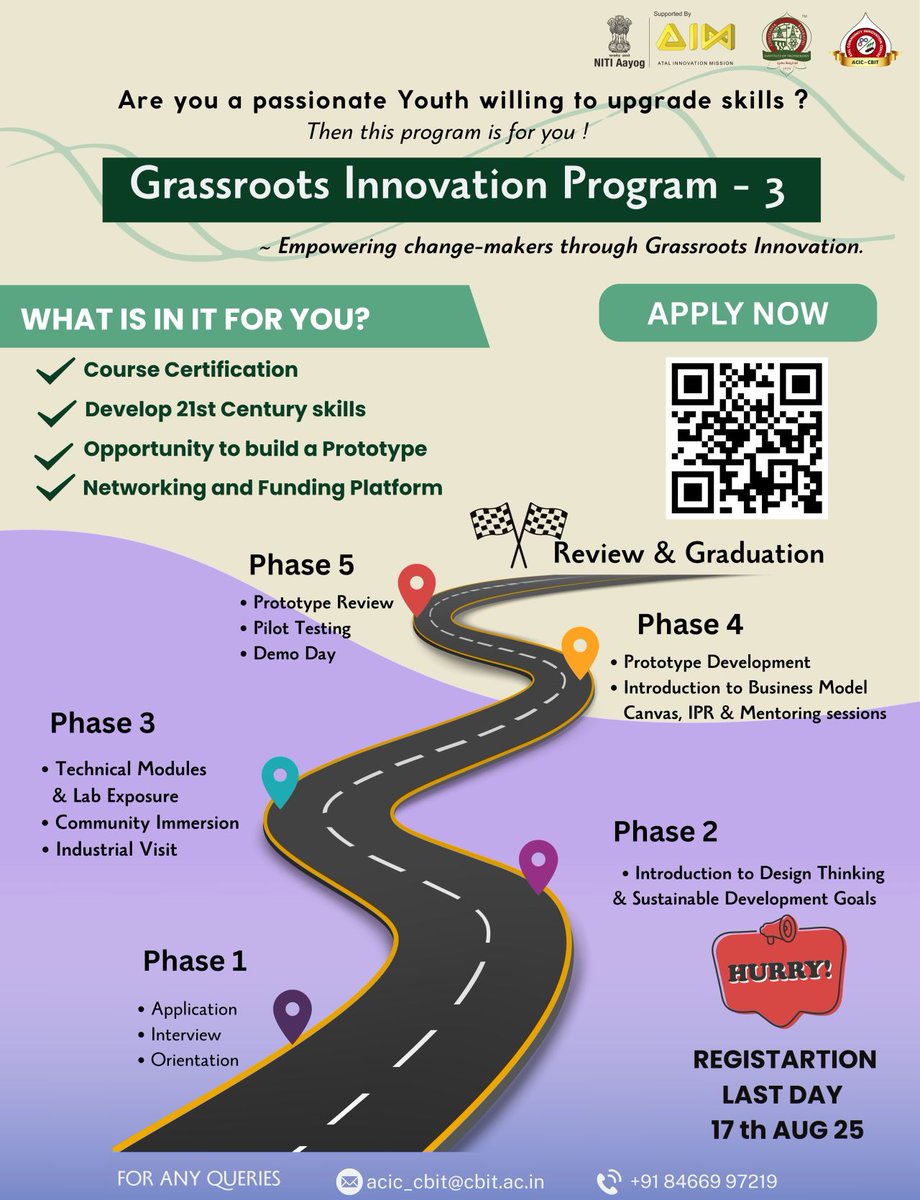 CbitAcic's tweet photo. Calling all rural youth (18-30)! Join the GrassRoots Innovation Program (GRIP) to turn your ideas into impactful solutions.
Apply by 17 Aug- https://t.co/waMrbnAsht 

@meitystartuphub
@teamTGIC
@NITIAayog
@AIMtoInnovate
@startupindia
@CBIThyd https://t.co/KSRqZfmfcD