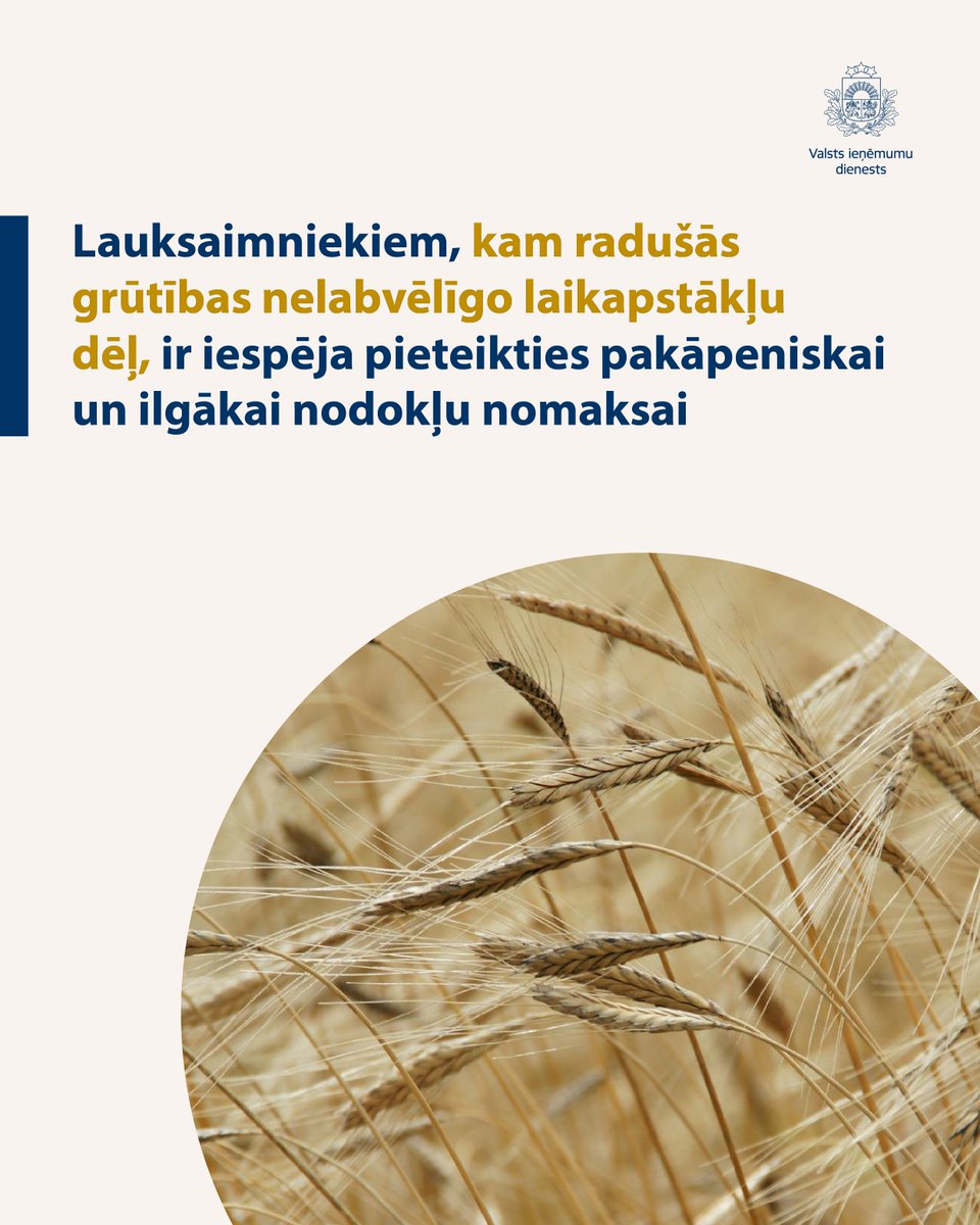 🚨🌾Valdība no šī gada 5. augusta līdz 4. novembrim visā valstī izsludinājusi ārkārtējo situāciju lauksaimniecībā.

🌧️ No nelabvēlīgajiem laikapstākļiem cietušajiem lauksaimniekiem ir pieejama iespēja ilgākai un pakāpeniskai nodokļu nomaksai.

🔗 Vairāk: bit.ly/3UEofFX