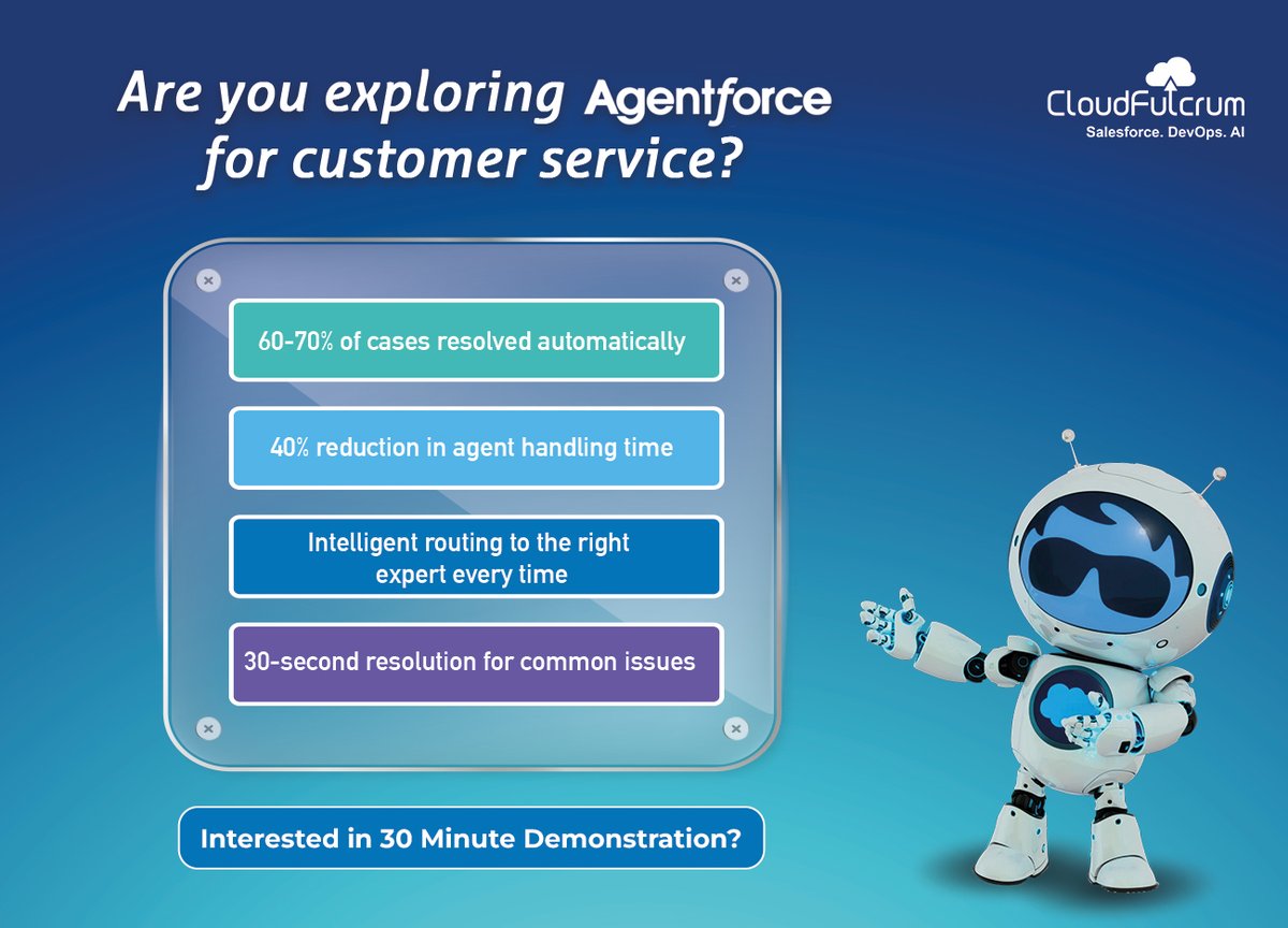 🚀 Agentforce is transforming customer service:

✅ 60-70% cases resolved automatically 
✅ 40% less agent handling time
✅ Perfect intelligent routing

Ready to see this in action?
Exclusive 30-minute demos of our Intelligent Case Resolution Agent.
bit.ly/4fsMekX