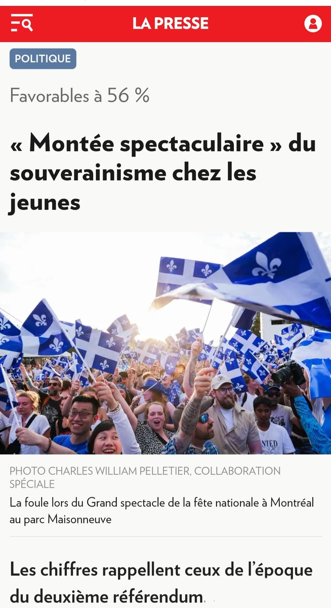 🗞 #LaPresse
Favorables à 56 % 
« Montée spectaculaire » du souverainisme chez les jeunes

Lire: lapresse.ca/actualites/pol…

#polqc #jeunes #indépendance #Montréal #Québec #référendum #PartiQuébécois #patriotes #paysQc