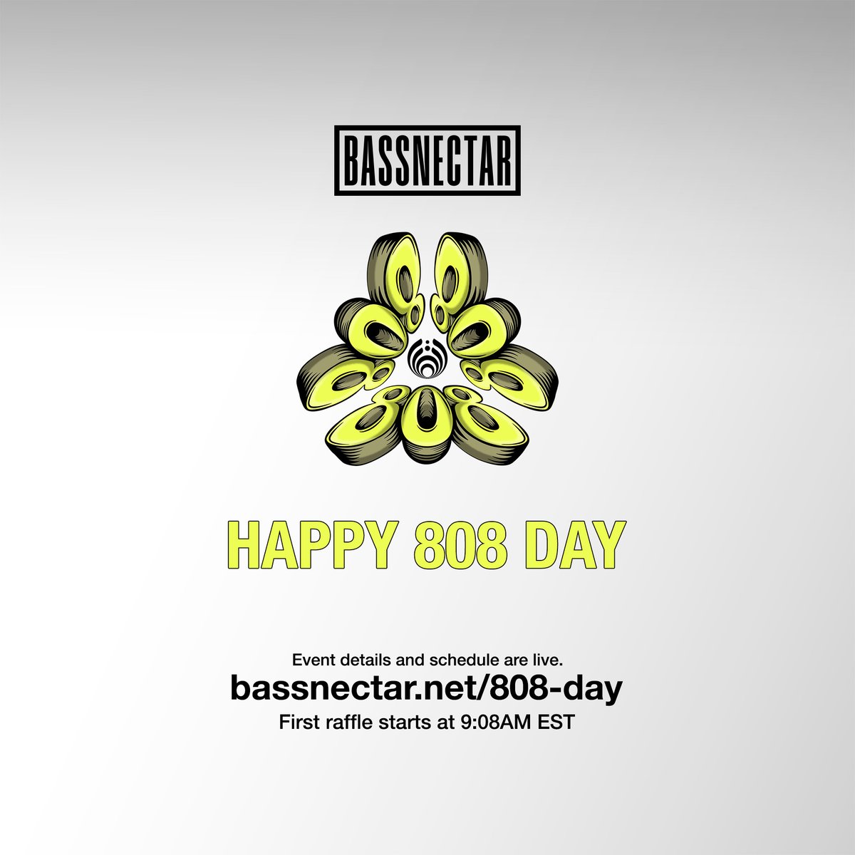 Happy 808 day everyone!
Details &amp; schedule have been posted at bassnectar.net/808-day.   First raffle and merch drop starts at 9:08AM EST.   See you soon!