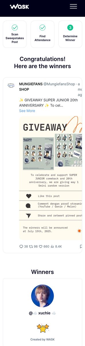 MungiefansShop's tweet photo. ✨ GIVEAWAY WINNER ✨

Congratulations to @ysuremine for winning 1 smini random version 🥰

Please contact us by 2 x 24 hours to claim the prize 😊

Terima kasih untuk yang sudah join giveaway nya, mohon maaf atas keterlambatan pengumuman nya 🙏 https://t.co/VzjZYnL7a4