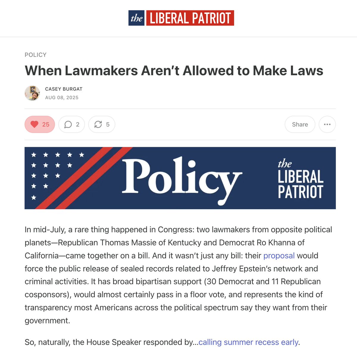 Kara Dansky (@kdansky) on Twitter photo Rare post about something unrelated to sex and gender.
There's a piece from an outlet I like called The Liberal Patriot (<a href="/TheLibPatriot/">The Liberal Patriot</a>) titled, "When Lawmakers Arenāt Allowed to Make Laws." It's about how the US Congress is broken and how to fix it.
Link ā¬ļø (no paywall). Rare post about something unrelated to sex and gender.
There's a piece from an outlet I like called The Liberal Patriot (<a href="/TheLibPatriot/">The Liberal Patriot</a>) titled, "When Lawmakers Arenāt Allowed to Make Laws." It's about how the US Congress is broken and how to fix it.
Link ā¬ļø (no paywall).