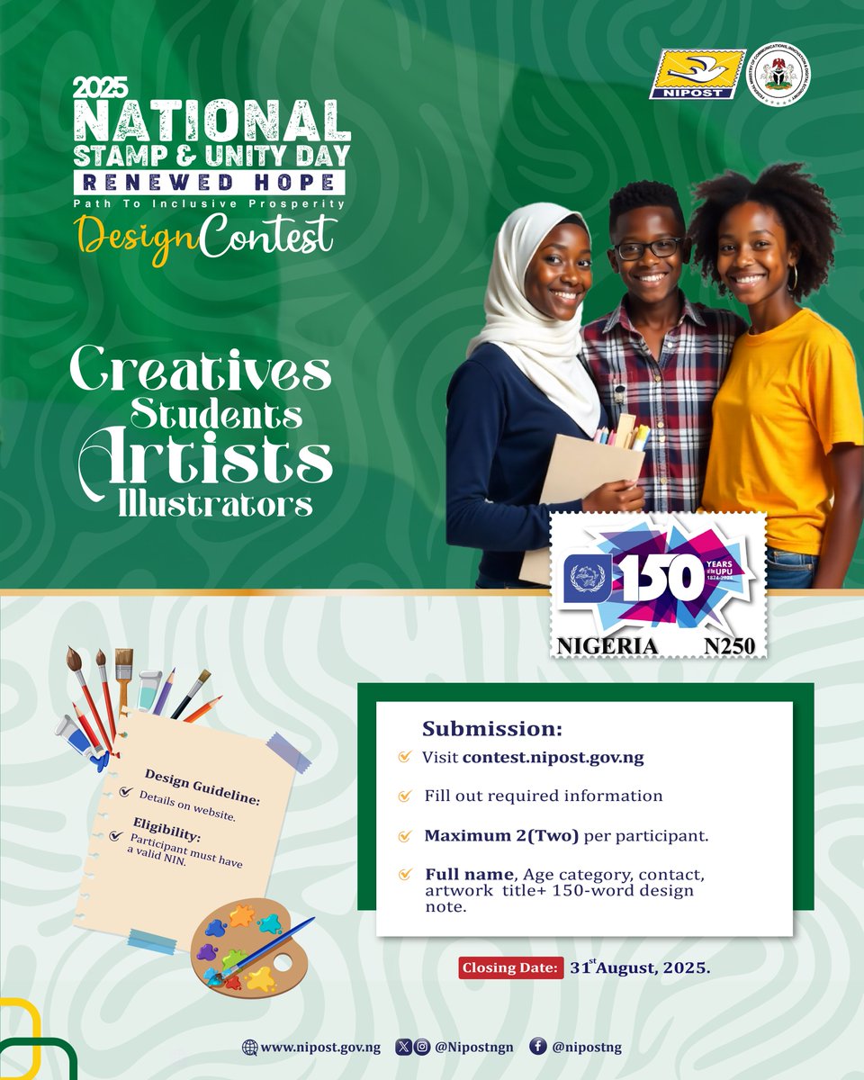 In line with the 8 Pillars of the Renewed Hope Agenda  to promote unity through creativity, NIPOST proudly announces the launch of the National Stamp &amp; Unity Day Design Contest.

We invite students, illustrators, creatives, and artists across Nigeria to design a stamp, postcard,
