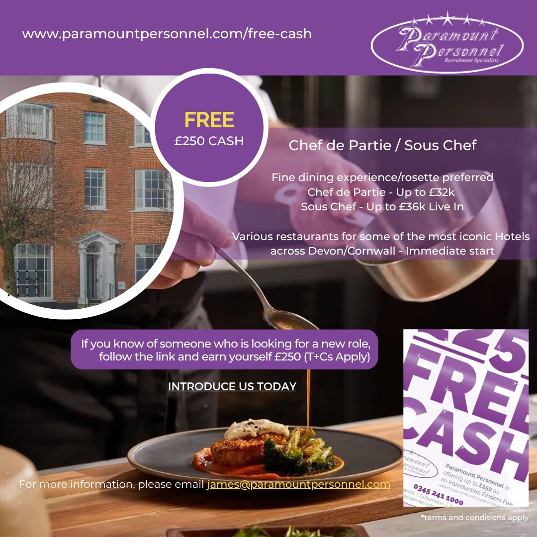 Do you know  a Chef de Partie / Sous Chef with 
Fine dining experience/rosette? 

You could earn £250 just for making an introduction! to Paramount Personnel.

Check out the details and make a referral here: paramountpersonnel.com/free-cash/