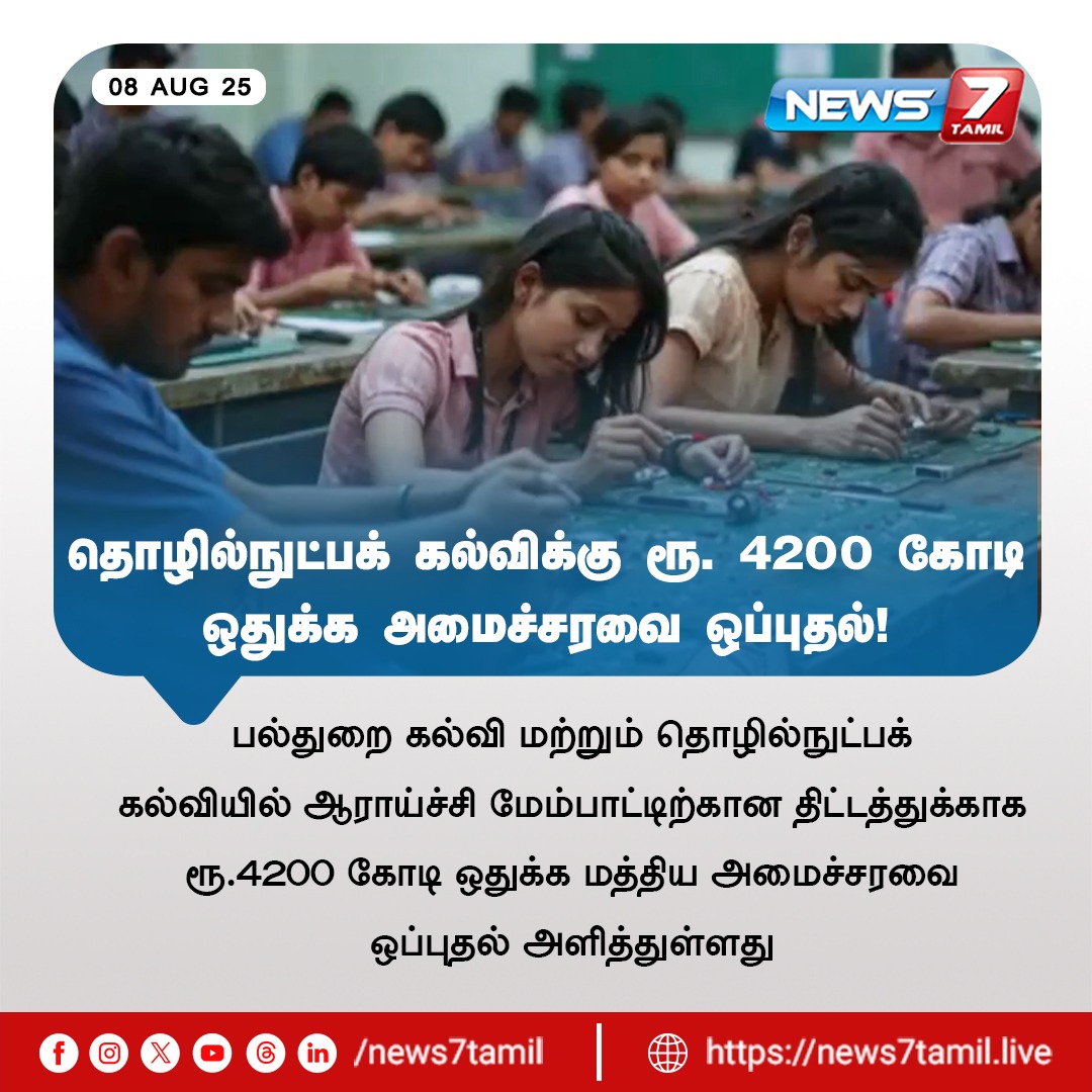 news7tamil's tweet photo. தொழில்நுட்பக் கல்விக்கு ரூ. 4200 கோடி ஒதுக்க அமைச்சரவை ஒப்புதல்!
#technology | #studies | #Multidisciplinaryeducation | #technologystudies | #Cabinet | #LatestNews https://t.co/dATHwlX5Tw