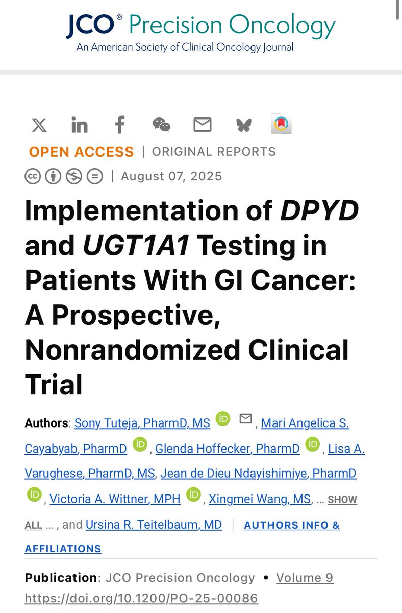 DraMartinezLago's tweet photo. Implementation of DPYD &amp; UGT1A1 testing in GI cancer 🔗 https://t.co/5yv1t7NPWw
📊 288 pts; 225 FP/IRI 🧪 57% results pre-cycle 1 (TAT 10d) 💊 69% w/ DGI had dose cut pre-treatment 📉 Fewer severe TRAEs (38% vs 65%) &amp; mods (38% vs 76%) vs biobank 🛡️ Feasible, improves safety https://t.co/ZHonqCxZX8