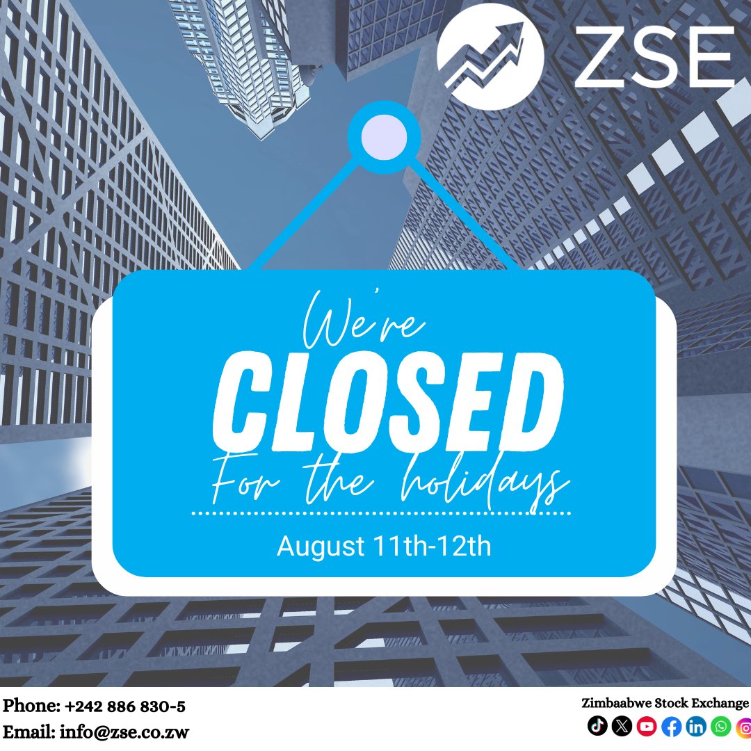 Zimbabwe Stock Exchange (@zse_zw) on Twitter photo Dear Stakeholders. The Exchange will be closed on 11 and 12 August for the Heroes and Defence Forces holidays. Business resumes on Wednesday 13 August. Dear Stakeholders. The Exchange will be closed on 11 and 12 August for the Heroes and Defence Forces holidays. Business resumes on Wednesday 13 August.