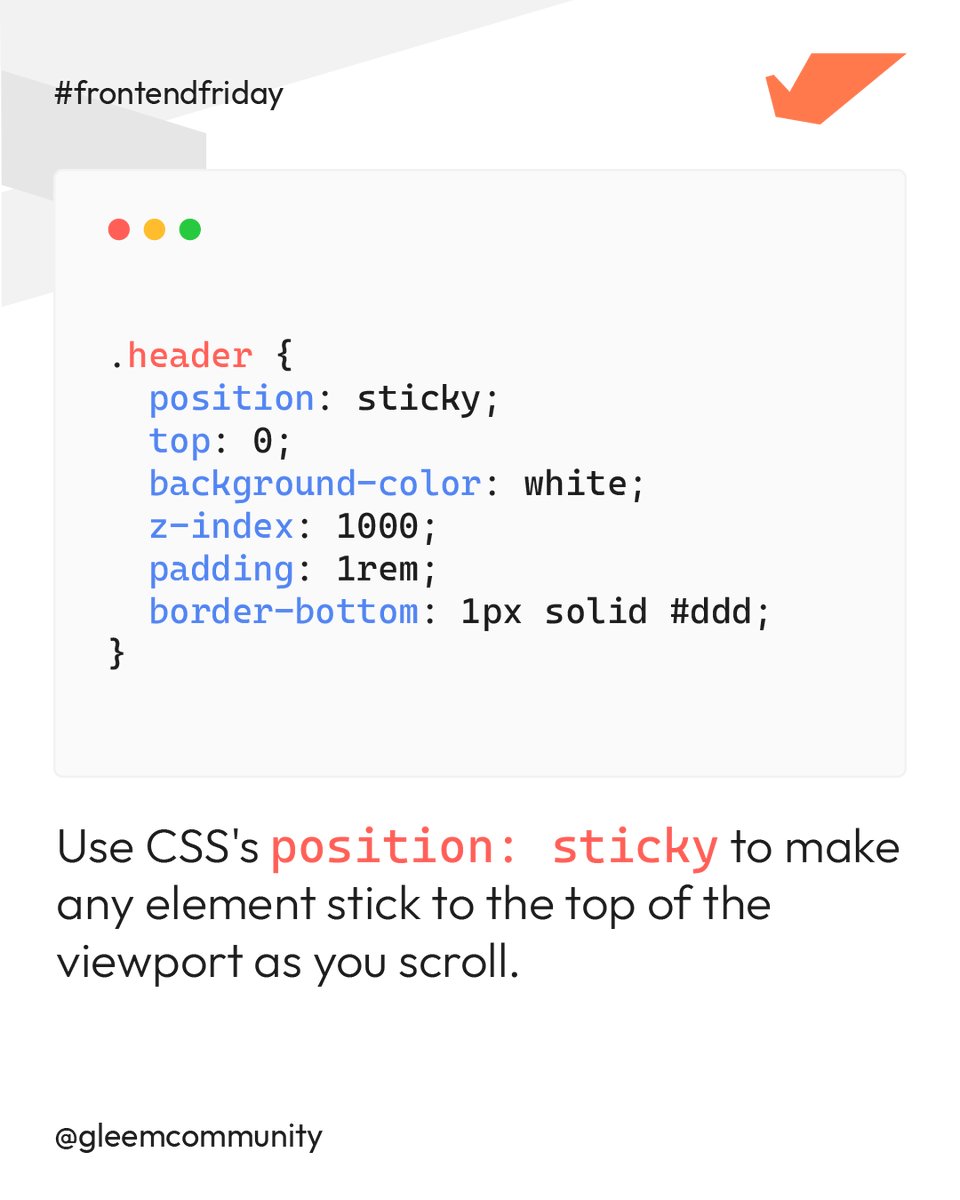 GleemCommunity's tweet photo. Want more quick frontend tips like this? Follow @gleemcommunity and level up every Friday! 🔥 #FrontendFriday #WebDev #CSSTricks #StickyHeader #WebDesign https://t.co/cxLYjFNz6f
