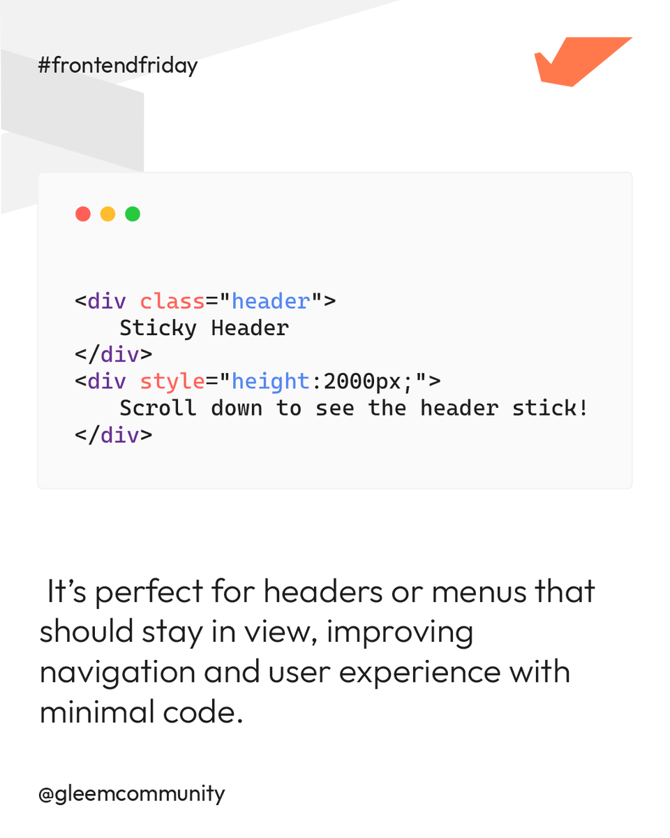 GleemCommunity's tweet photo. Want more quick frontend tips like this? Follow @gleemcommunity and level up every Friday! 🔥 #FrontendFriday #WebDev #CSSTricks #StickyHeader #WebDesign https://t.co/cxLYjFNz6f