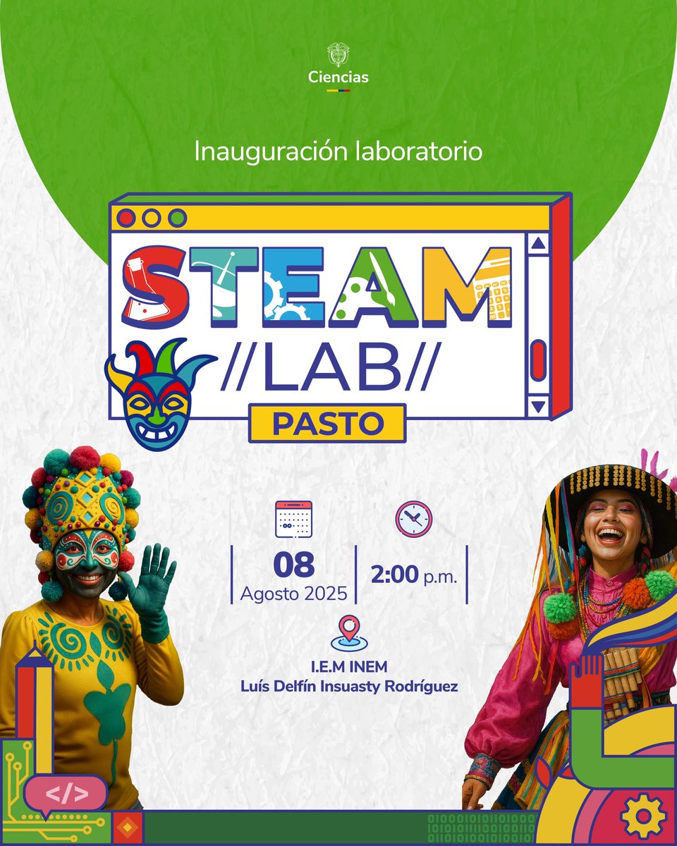 🤖 El programa #ColombiaRobótica de #MinCiencias llega a la I.E.M. INEM Luis Delfín Insuasty en Pasto, Nariño.

La ministra <a href="/YeseniaOlayaR/">Yesenia Olaya Requene</a> inaugura el primer Laboratorio STEAM para potenciar talento y creatividad de niñas, niños y adolescentes. #ConDignidadCumplimos 🇨🇴