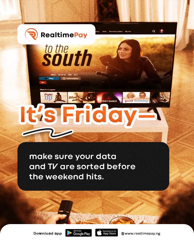 realtimepayng1's tweet image. Weekend vibes are better with uninterrupted connection. 

Top up your data and renew your cable TV subscriptions today with RealtimePay.

No interruptions. Just good vibes.

#WeekendPrep #RealtimePay #DataTopUp #Nigeria