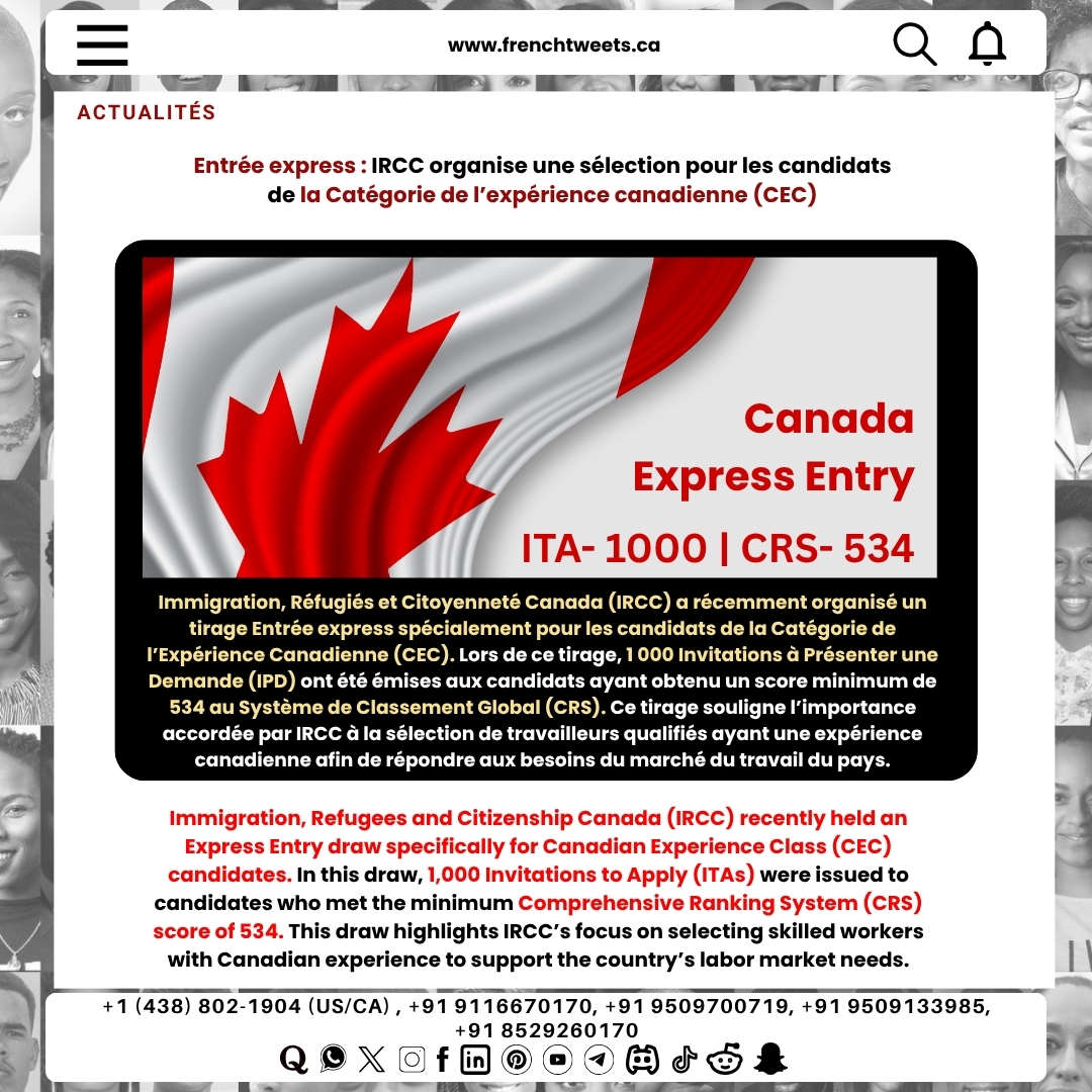frenchtweets1's tweet image. 🚀 Express Entry Alert: IRCC invites Canadian Experience Class (CEC) candidates to take the next step toward PR!
#expressentry #cec #canadianexperienceclass #ircc #canadaimmigration #permanentresidency #immigrationnews #canadapr #move2canada #studyworksettle #immigratecanada