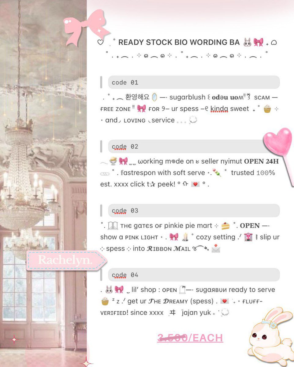 nwomil's tweet image. ୨୧┄ Help rt, tysm! 🎀🐰 ꒱

holla!👋🏻 ditanggal cantik ini chelyn mengeluarkan anak baru hihi .˚ 👧🏻❕4 wording bio yang siap dijemput —· semoga anakku bisa diterima dengan penuh cinta yaᵎᵎ💓 scroll ALT &amp;amp; DM to unlock  ִֶָ 𓂃 🐇 ࣪ ִֶָ

t. #zonauang #zonaba wording bio rs for ba