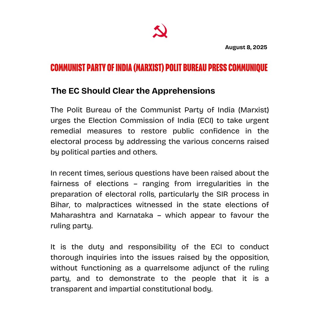 #CPIM Polit Bureau urges the #ElectionCommissionOfIndia to clear the apprehensions raised by political parties