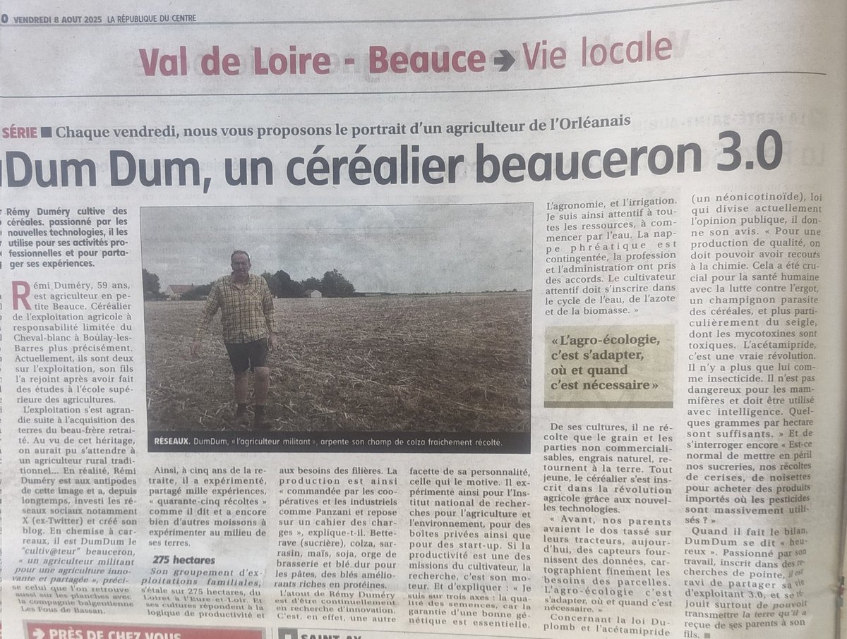 Dans <a href="/larep_fr/">La République du Centre</a>, toujours un exercice d'équilibriste, expliquer la complexité de notre métier face aux clichés éculés du gros céréalier Beauceron, utilisant massivement des pesticides et accaparant l' eau pour irriguer du maïs.
Mais on avance ! <a href="/Agridemain/">#agridemain</a> <a href="/Fragritwittos/">FranceAgritwittos♥️</a>