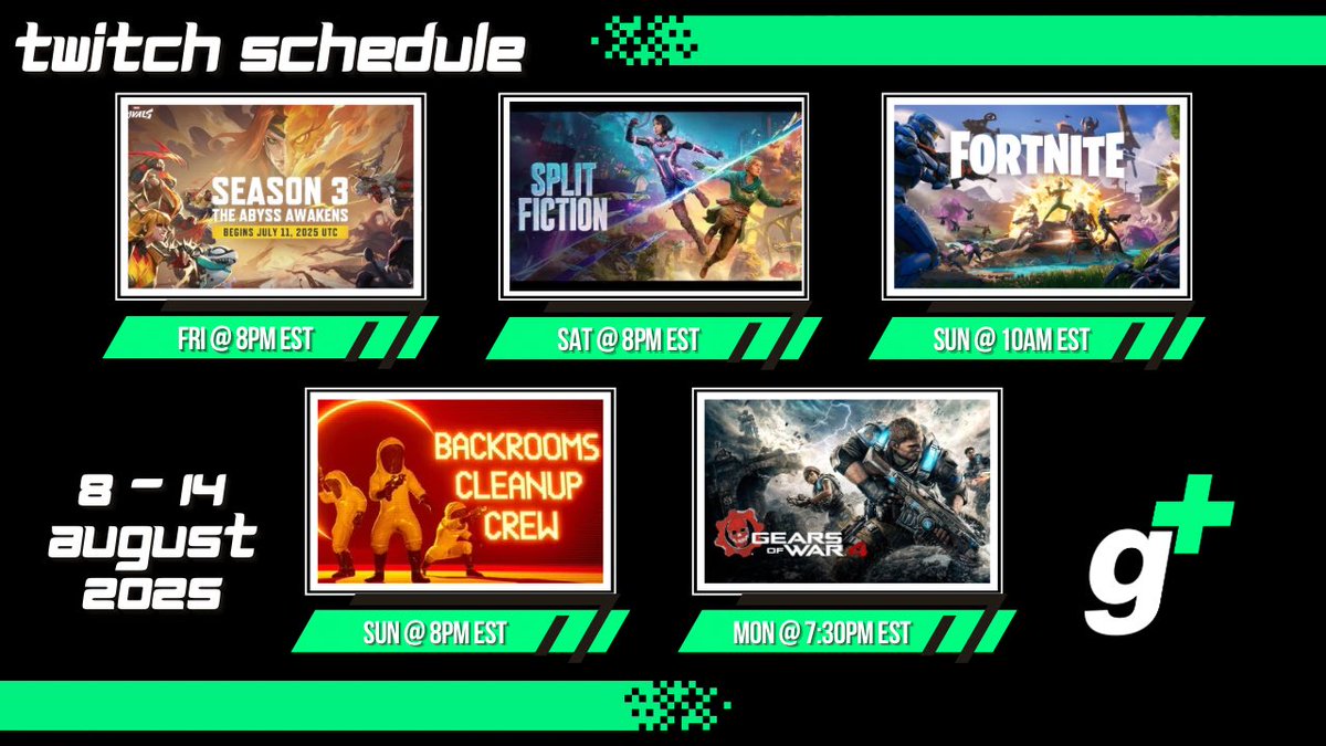 #twitch schedule 
8-14 August 2025

Fri- #MarvelRivals #costream
Sat- #SplitFiction 
Sun AM- #Fortnite
Sun PM- #BackroomsCleanUpCrew
Mon- #GearsofWar4

#twitchstreamer #gaming #videogames #fyp #foryoupage #gaming #videogames #games