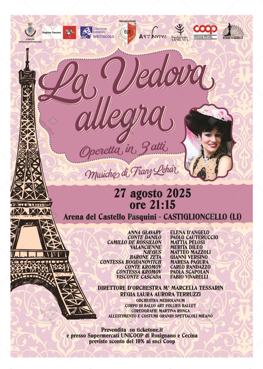 Arena Castello Pasquini
Mercoledì 27 agosto ore 21:15
LA VEDOVA ALLEGRA