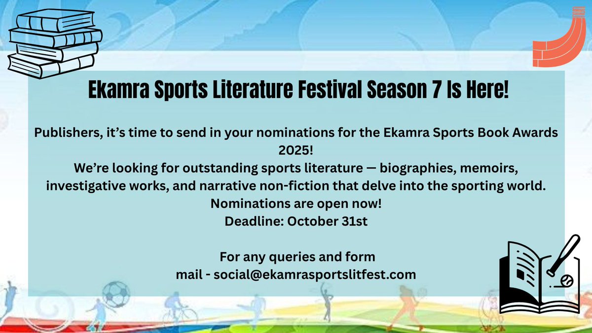 Dear Publishers! Send in your nominations for Ekamra Sports Book Awards 2025!

Your top sports books - biographies, memoirs &amp; more!
👉 Deadline: 31st October

#EkamraSportsLiteratureFestival #SportsLiterature #Delhi2025