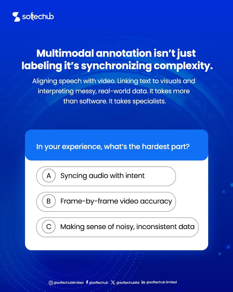 softechubltd's tweet image. Multimodal annotation = tough.
Messy audio , frame-by-frame video,  noisy text. What’s the trickiest?
🗳 Noisy data
🗳 Frame accuracy
🗳 Audio sync
#AnnotationTalk #DataAlignment #AI #softechub