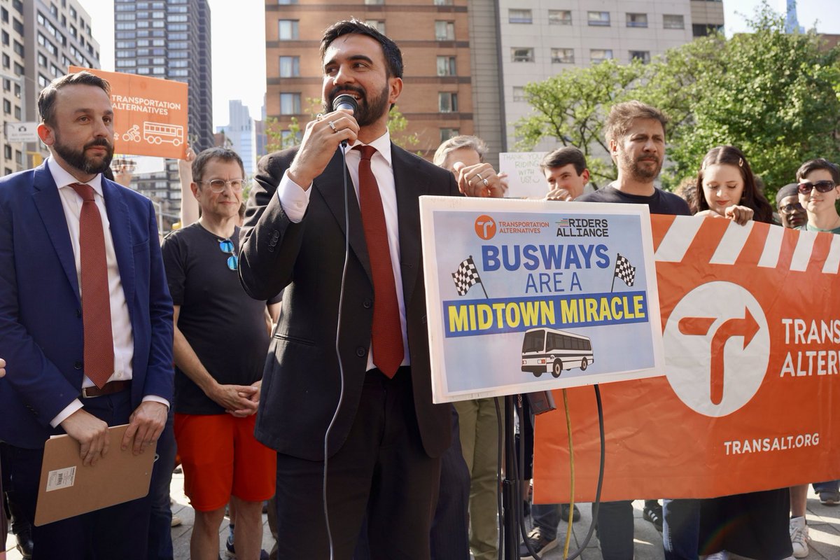 Zohran Kwame Mamdani (@zohrankmamdani) on Twitter photo Buses on 34th St crawl at just 5.5 mph — so it wasn't difficult for us to win <a href="/RidersAlliance/">🚇 Riders Alliance</a> +<a href="/TransAlt/">Transportation Alternatives</a>'s annual bus race yesterday.
But change is finally coming in the form of a long-delayed busway, thanks to the leadership of <a href="/KeithPowersNYC/">Keith Powers</a>, <a href="/ebottcher/">Erik Bottcher</a> and so many others. Buses on 34th St crawl at just 5.5 mph — so it wasn't difficult for us to win <a href="/RidersAlliance/">🚇 Riders Alliance</a> +<a href="/TransAlt/">Transportation Alternatives</a>'s annual bus race yesterday.
But change is finally coming in the form of a long-delayed busway, thanks to the leadership of <a href="/KeithPowersNYC/">Keith Powers</a>, <a href="/ebottcher/">Erik Bottcher</a> and so many others.
