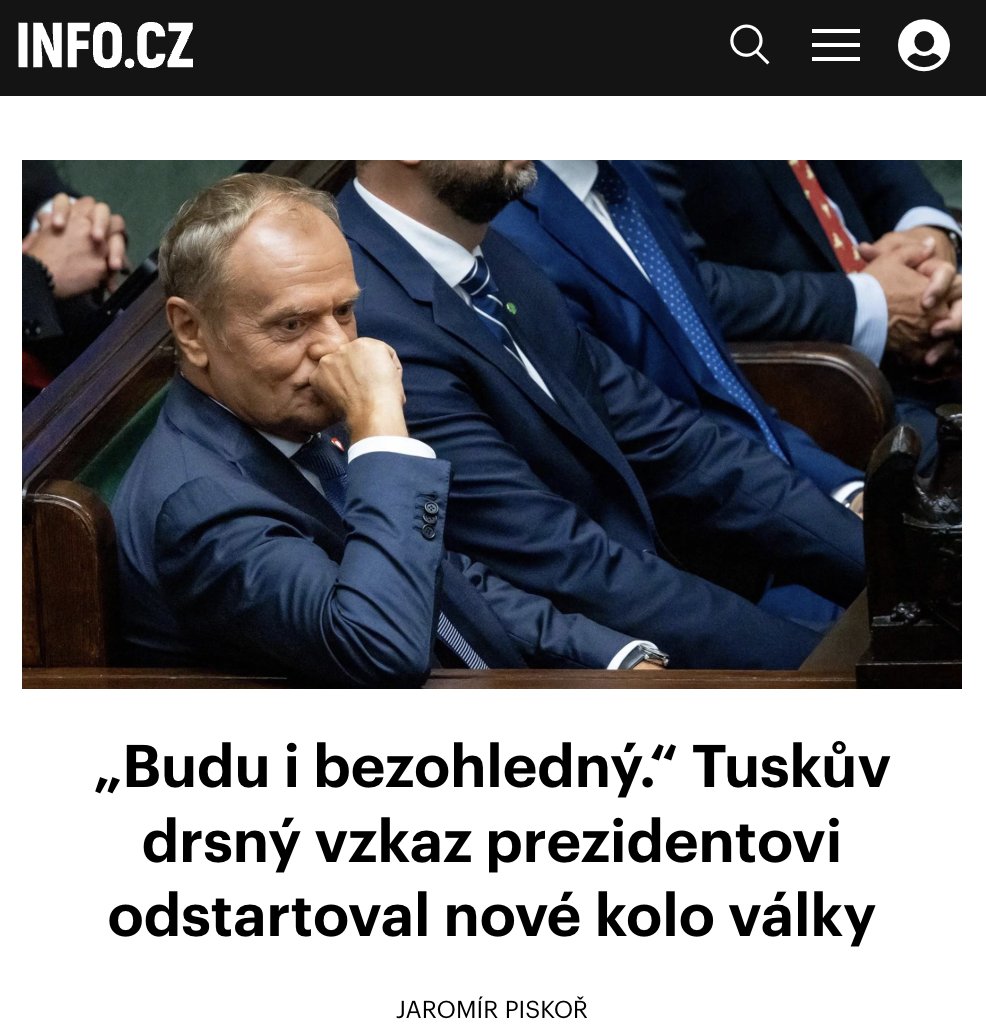 „Budu i bezohledný,“ vzkázal polský premiér Tusk novému prezidentovi Nawrockému. Místo slibovaného smíření tak začíná nové, ještě ostřejší kolo politické války. 

Co všechno je ve hře? Komentář Jaromíra Piskoře 👇 
info.cz/zpravodajstvi-…