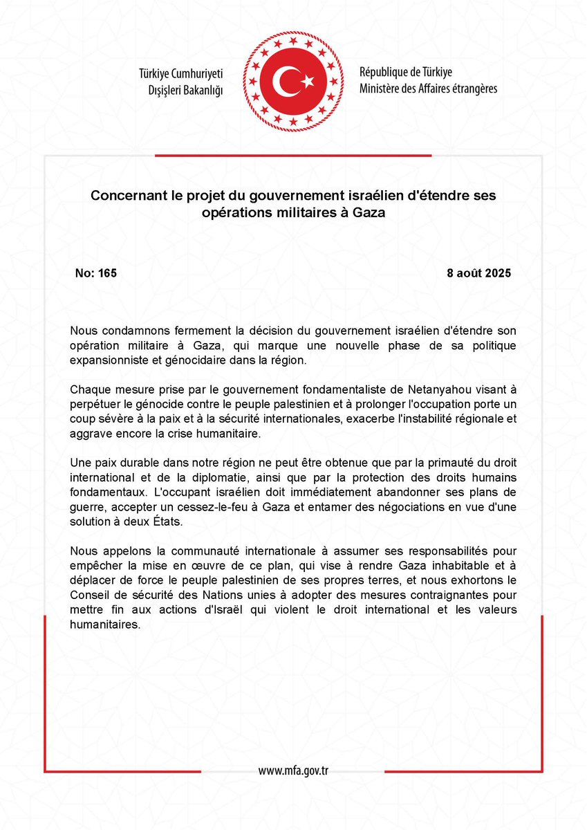 Concernant le projet du gouvernement israélien d'étendre ses opérations militaires à Gaza mfa.gov.tr/no_-165_-israi…