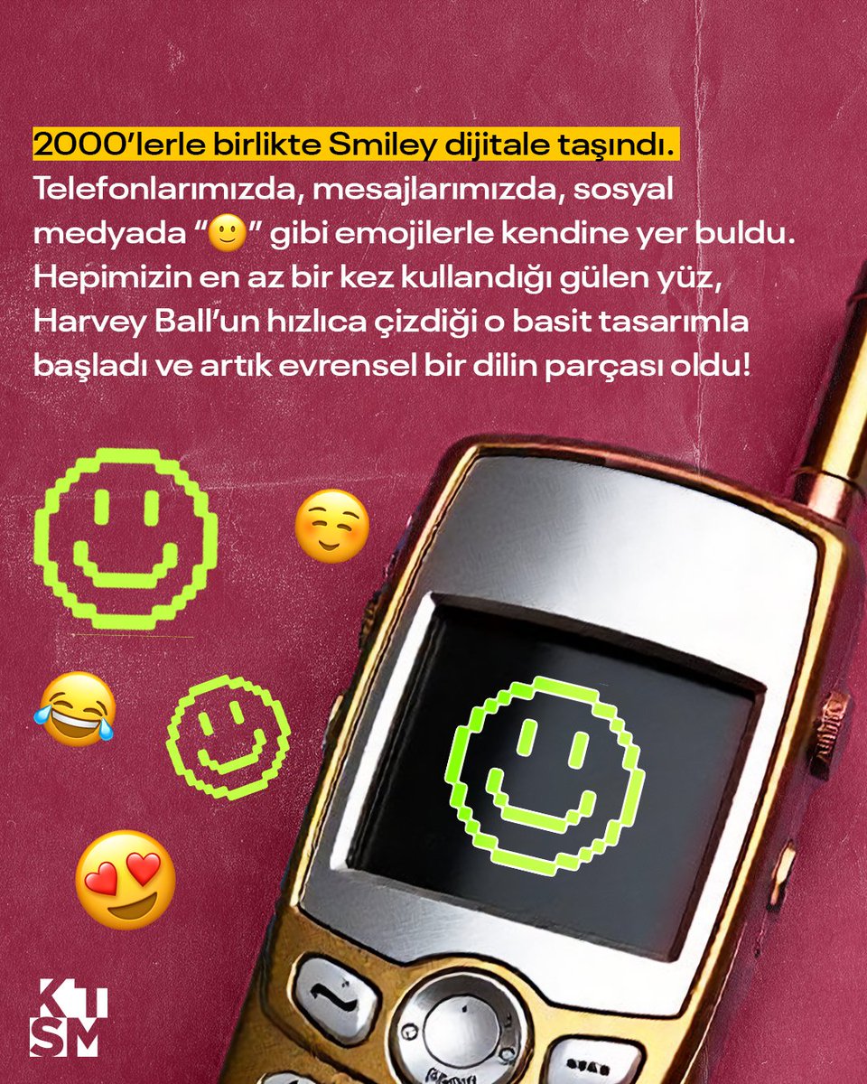 KTSM_org's tweet image. Ve üstelik yalnızca 45 dolar kazandı. Sonrasında ise smiley dünyayı ele geçirdi ve 90’larda bir marka haline geldi. Pop kültürün ayrılmaz bir parçası oldu, emoji klavyelerine girdi.

Peki sen “🙂” emojisini en çok hangi durumda kullanıyorsun? 👀

#KTSM #KaleTasarımveSanatMerkezi